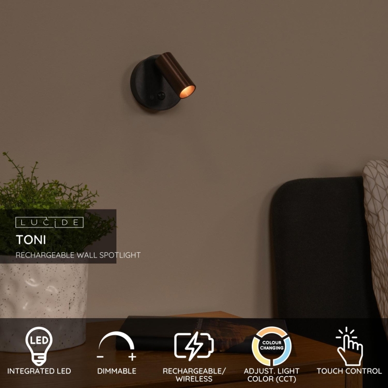 Lucide TONI - Rechargeable Wall spotlight / Wall light - Battery pack - Ø 8,1 cm - LED Dim. - CCT - 1x2W 2700K/4000K - Motion Sensor (deactivatable) - Magnetic - Grey iron